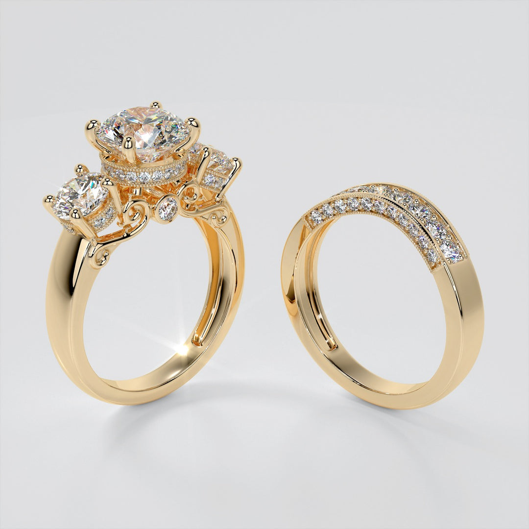 Designer Filigree Style Three-Stone Trio-Wedding Set with Round Accents