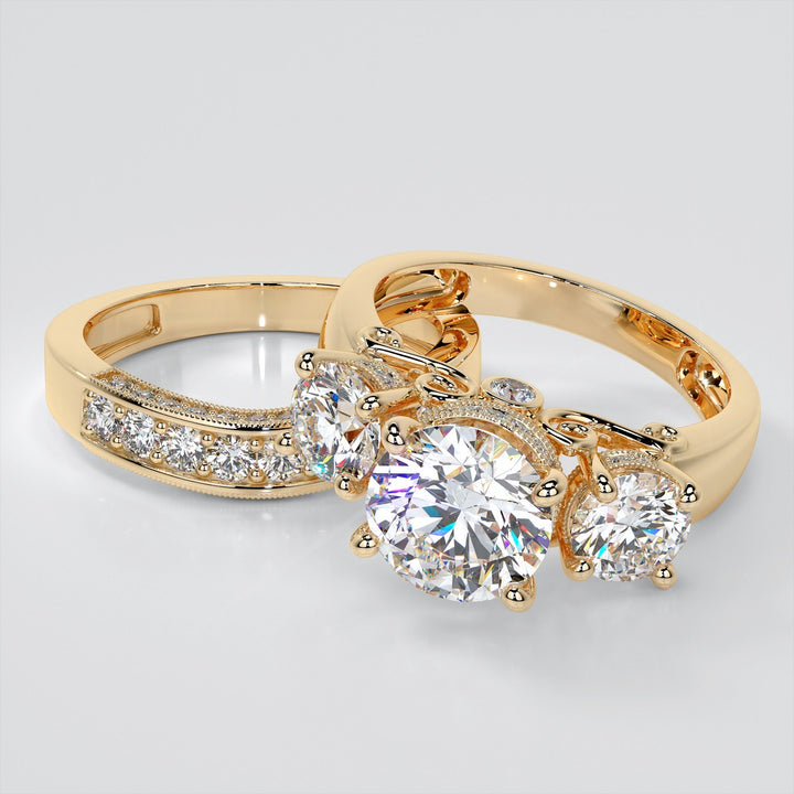 Designer Filigree Style Three-Stone Trio-Wedding Set with Round Accents