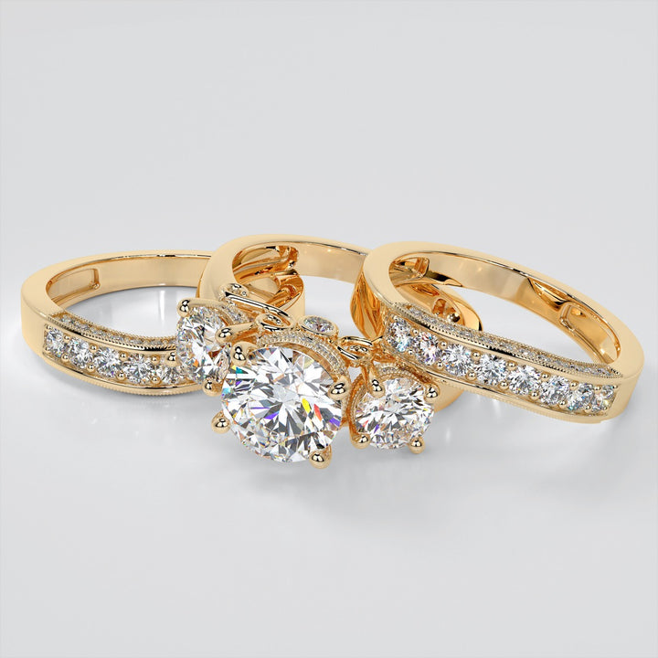 3.16CTW Lab Grown Diamond Round Cut Three Stone Filigree Engagement Ring with Crown Accents