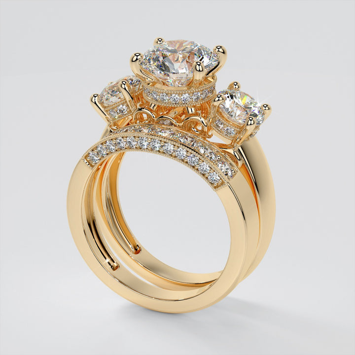3.16CTW Lab Grown Diamond Round Cut Three Stone Filigree Engagement Ring with Crown Accents
