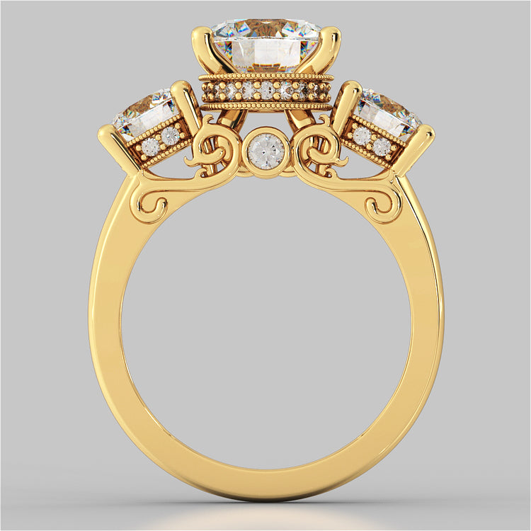 Lab Grown Diamond Round Cut Three Stone Filigree Engagement Ring with Crown Accents