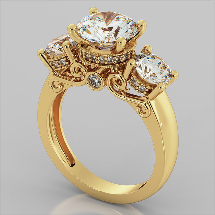 Round Cut Three-Stone Designer Wedding Set with Filigree Accents