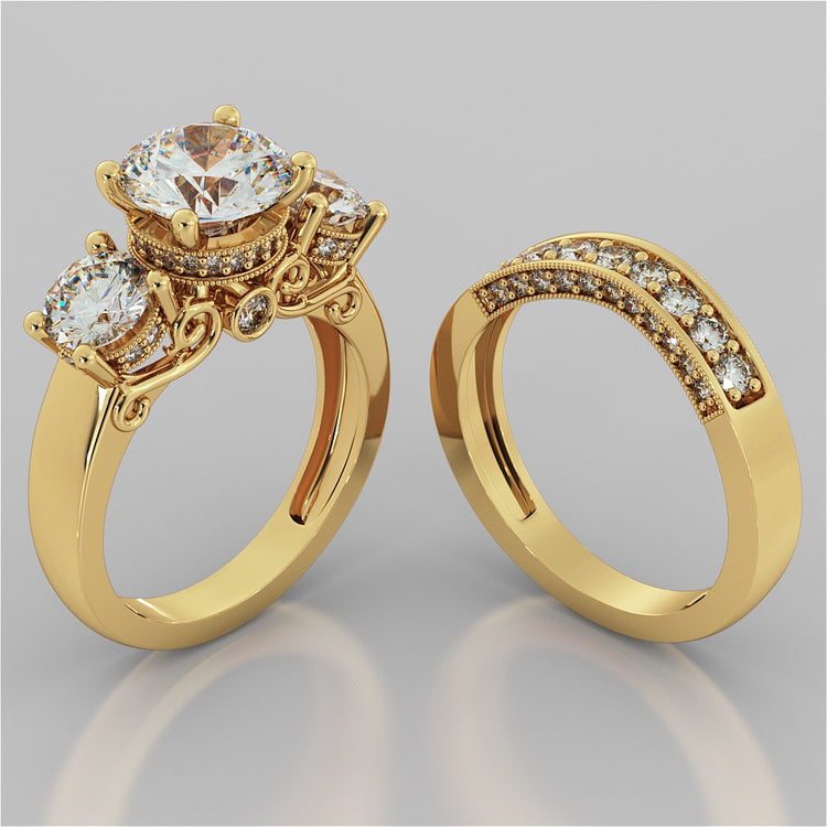 Round Cut Three-Stone Designer Wedding Set with Filigree Accents