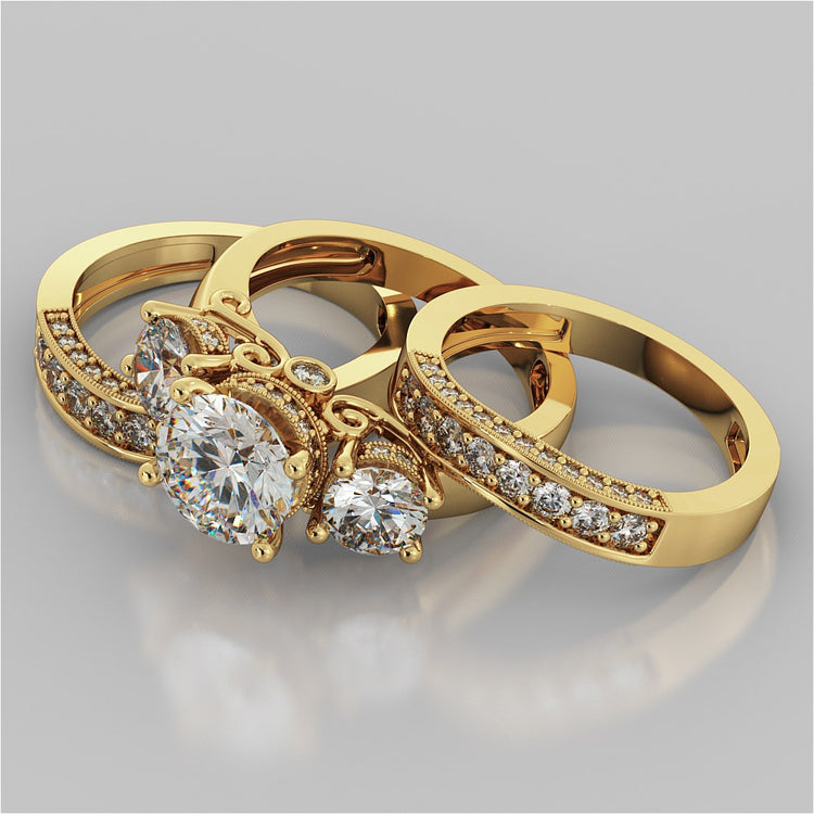 Designer Filigree Style Three-Stone Trio-Wedding Set with Round Accents