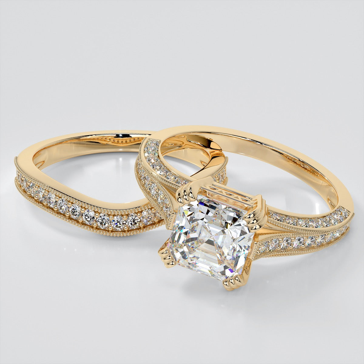 Tapered Claw-Style Asscher Cut Wedding Set with Accents