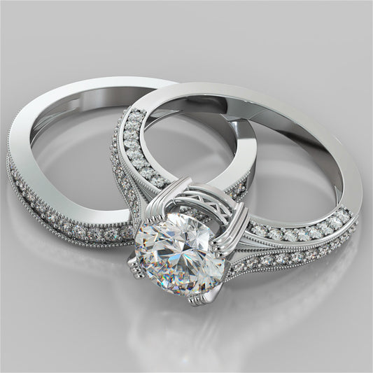 Double Claw Style Round Cut Wedding Set with Accents