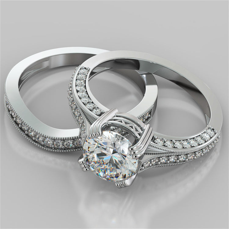 Accented Claw Round Cut Trio Wedding Set