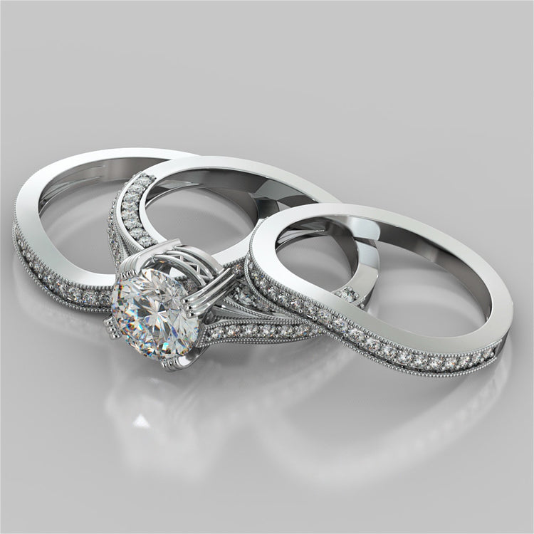 Double Claw Style Round Cut Wedding Set with Accents