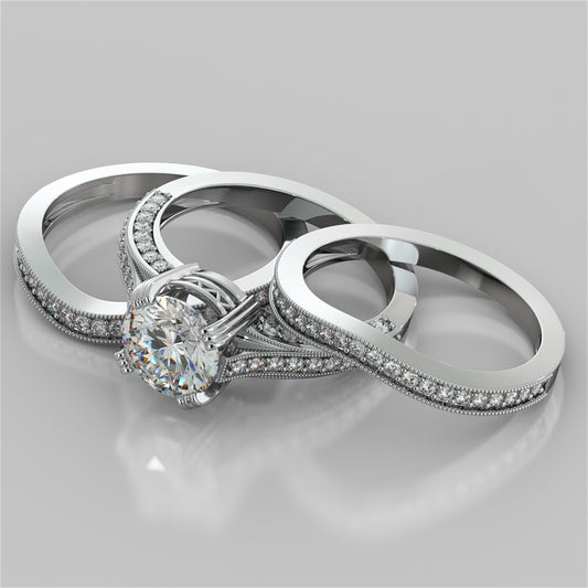 Accented Claw Round Cut Trio Wedding Set