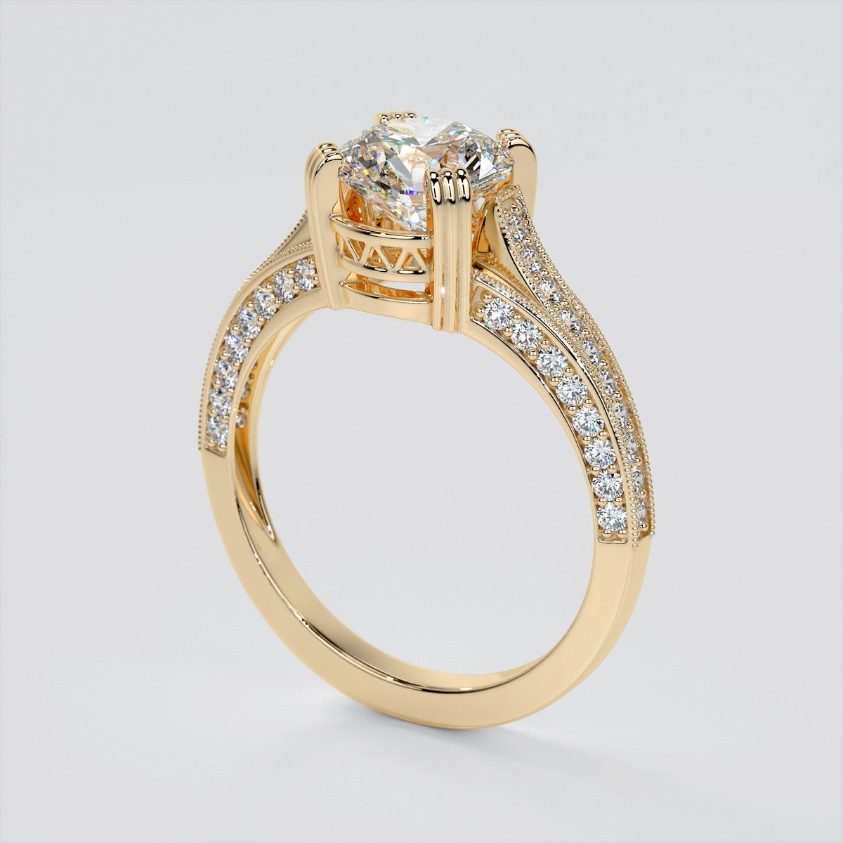 Round Cut Crown Cathedral Engagement Ring