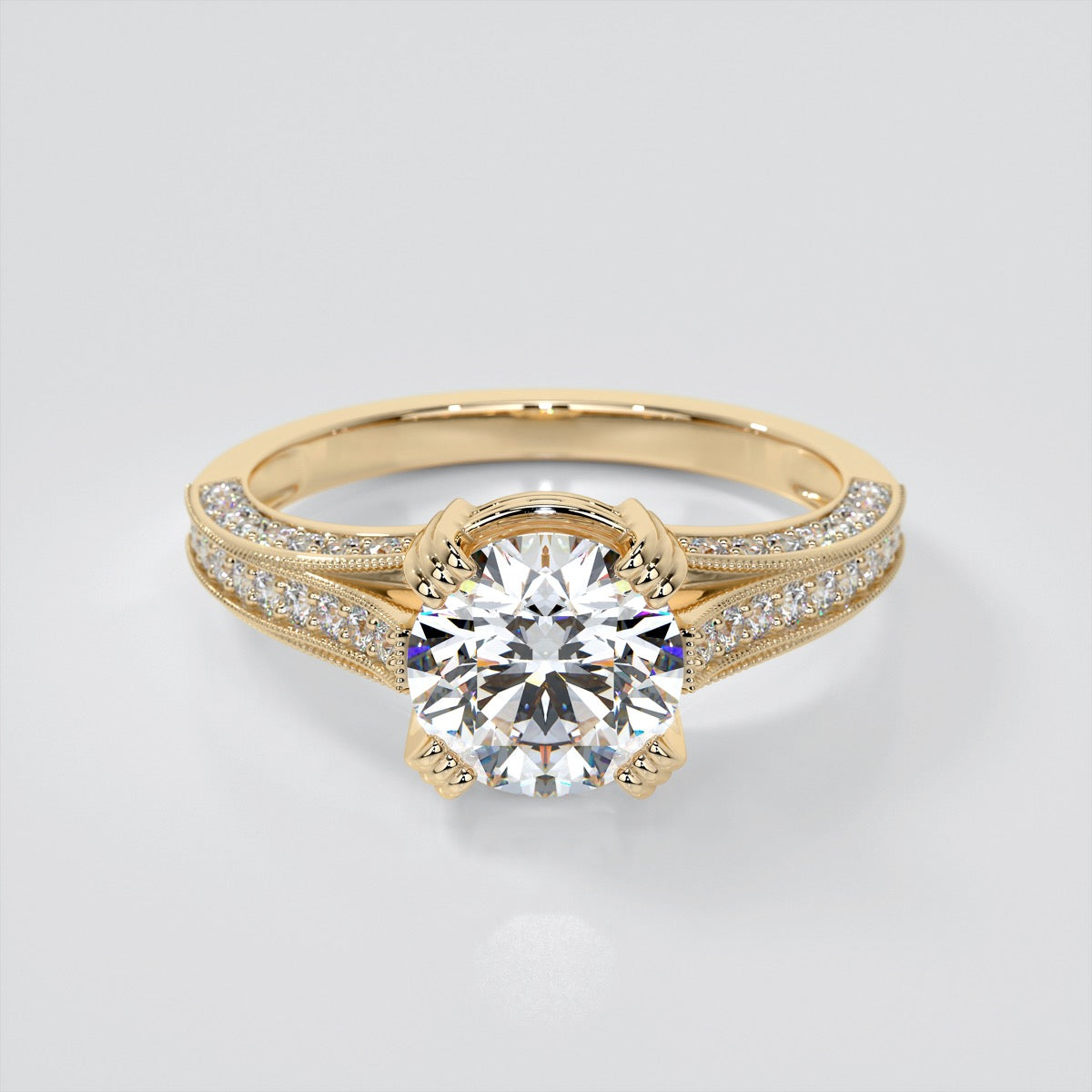 Round Cut Crown Cathedral Engagement Ring