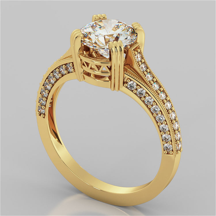 Round Cut Crown Cathedral Engagement Ring