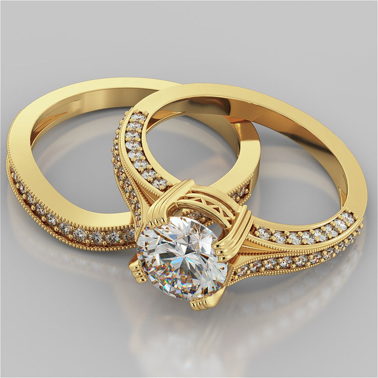 Double Claw Style Round Cut Wedding Set with Accents