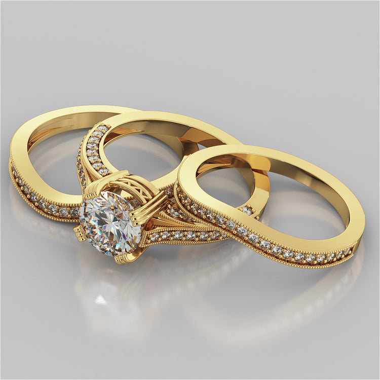 Double Claw Style Round Cut Wedding Set with Accents