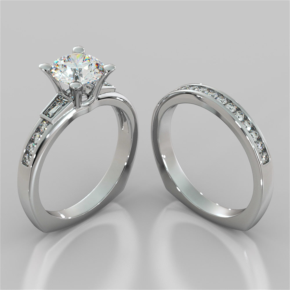 Round Cut Euro-Style Channel Set Wedding Set With 2 Matching Bands