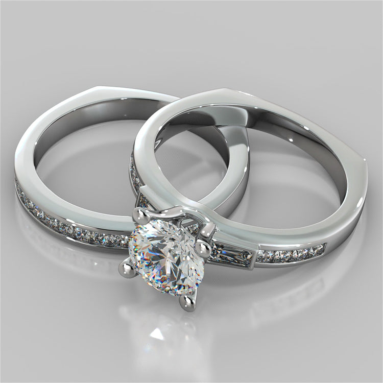 Round Cut Euro-Style Channel Set Wedding Set With 2 Matching Bands