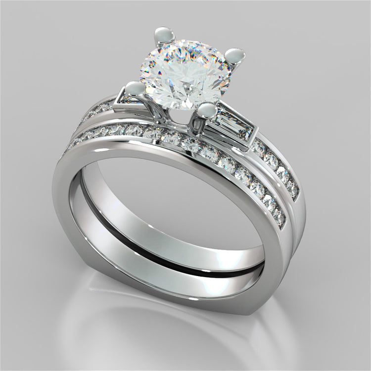 Round Cut Euro-Style Channel Set Wedding Set With 2 Matching Bands