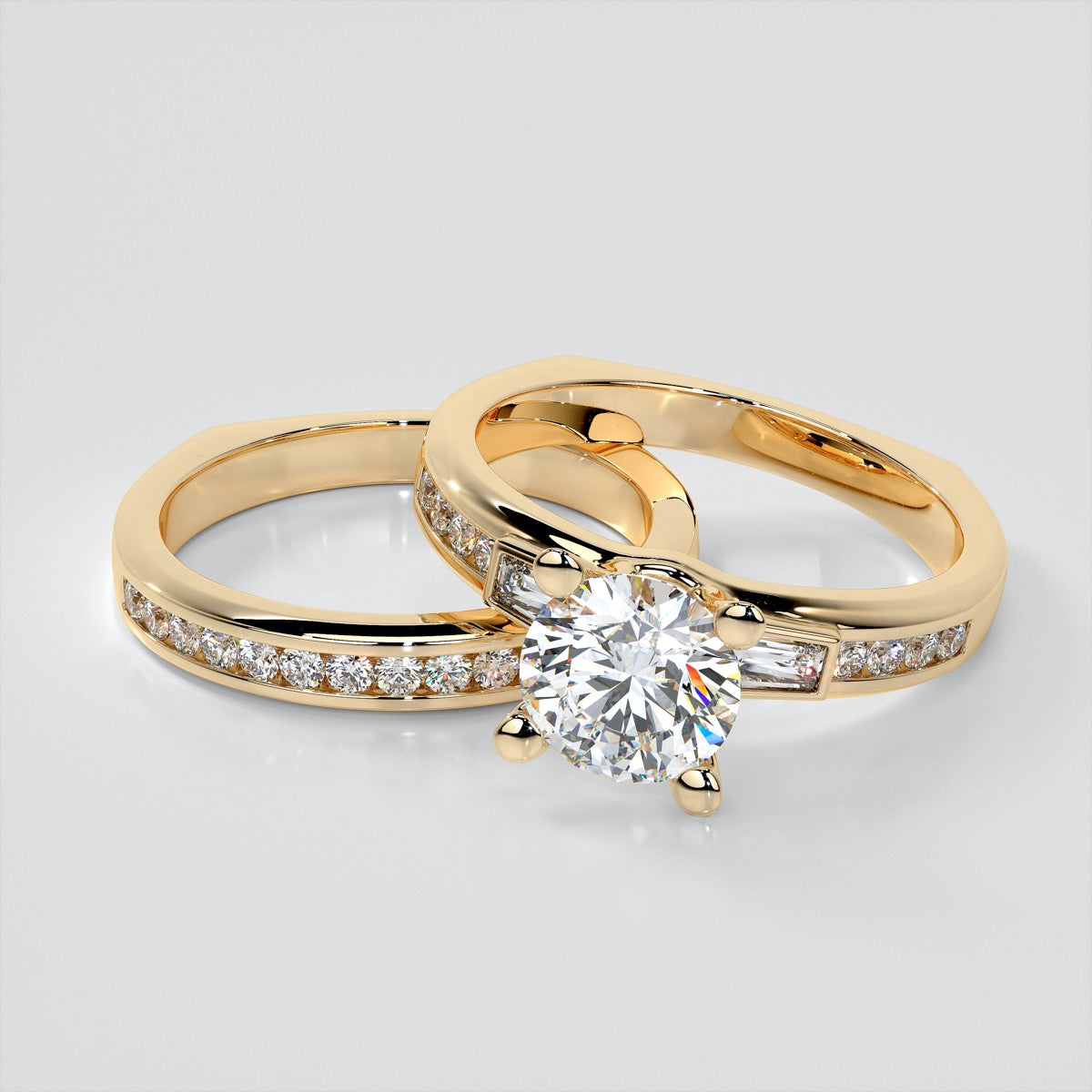 Round Cut Euro-Style Channel Set Wedding Set With 2 Matching Bands