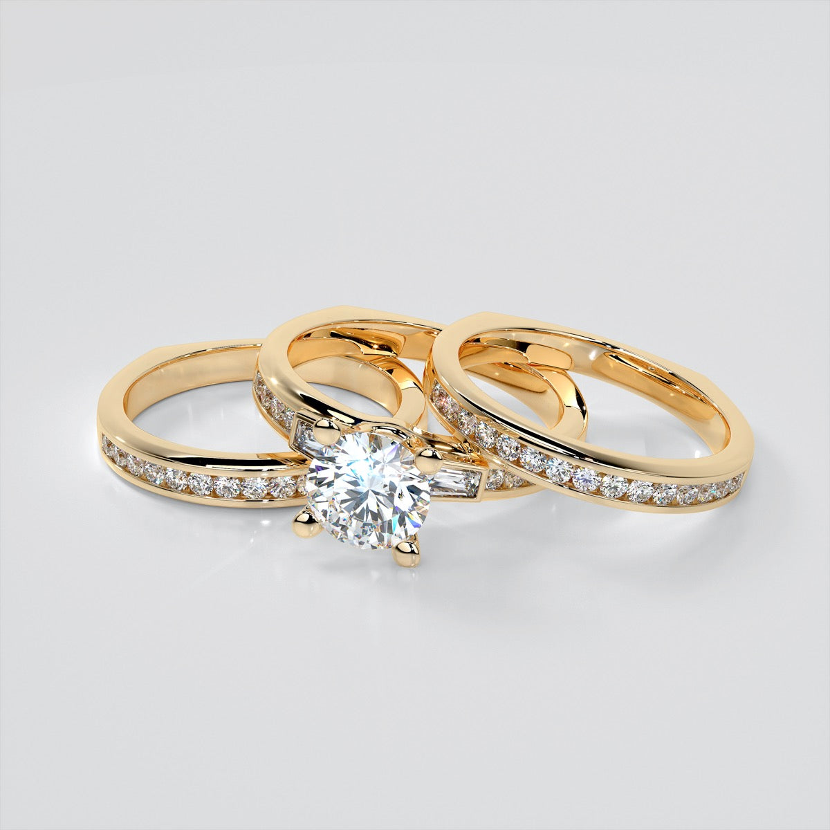 Round Cut Euro-Style Channel Set Wedding Set With 2 Matching Bands