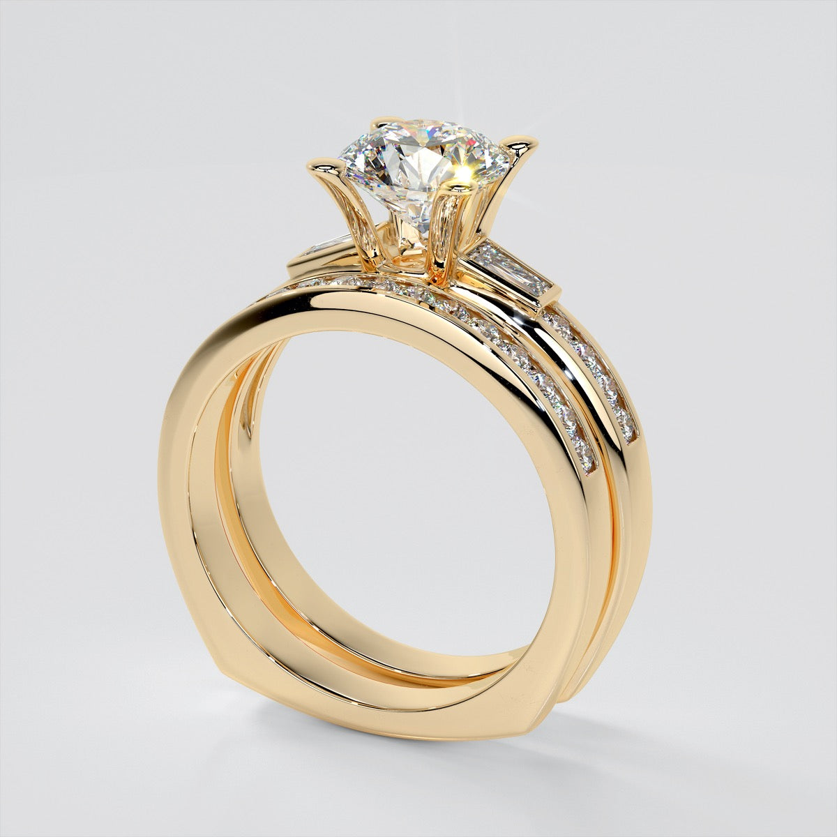 Round Cut Euro-Style Channel Set Wedding Set With 2 Matching Bands