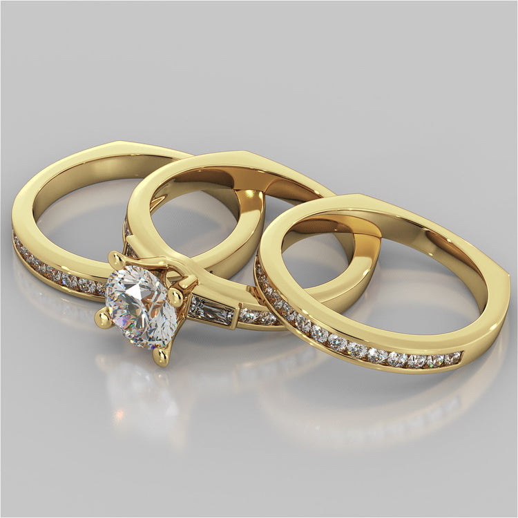 Round Cut Euro-Style Channel Set Wedding Set With 2 Matching Bands