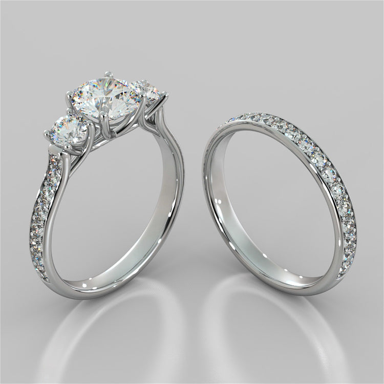 Round Cut Three Stone Trellis Wedding Set With 2 Matching Bands