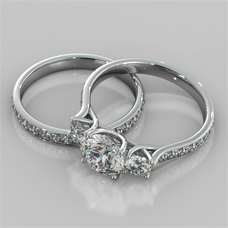 Round Cut Three Stone Trellis Wedding Set With 2 Matching Bands