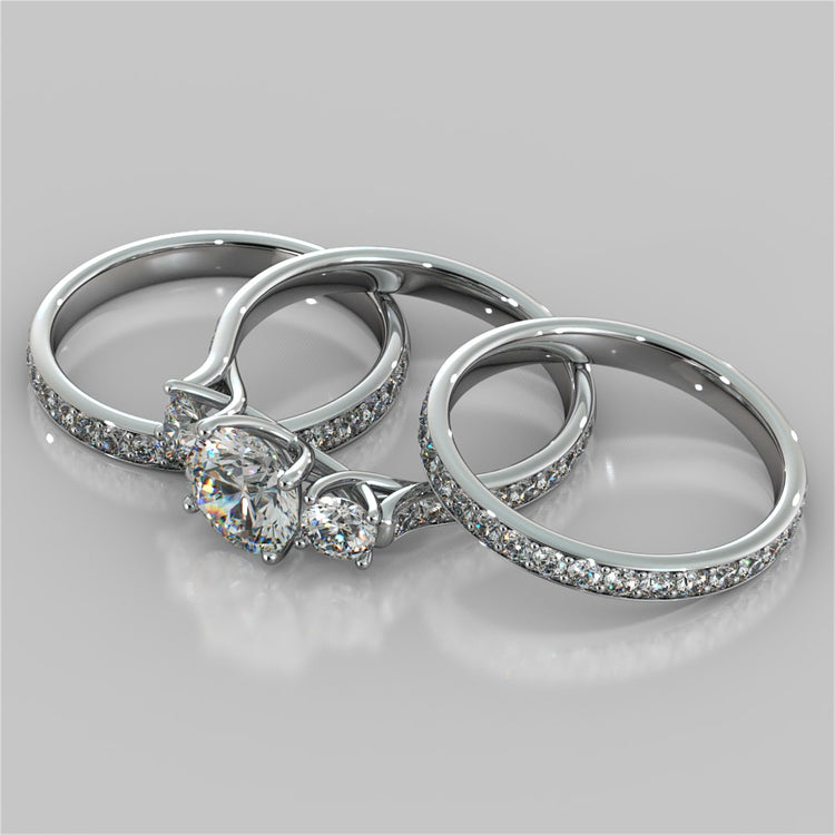 Round Cut Three Stone Trellis Wedding Set