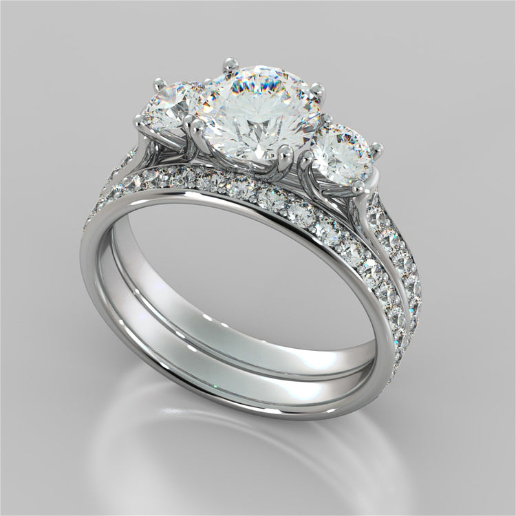 Round Cut Three Stone Trellis Wedding Set