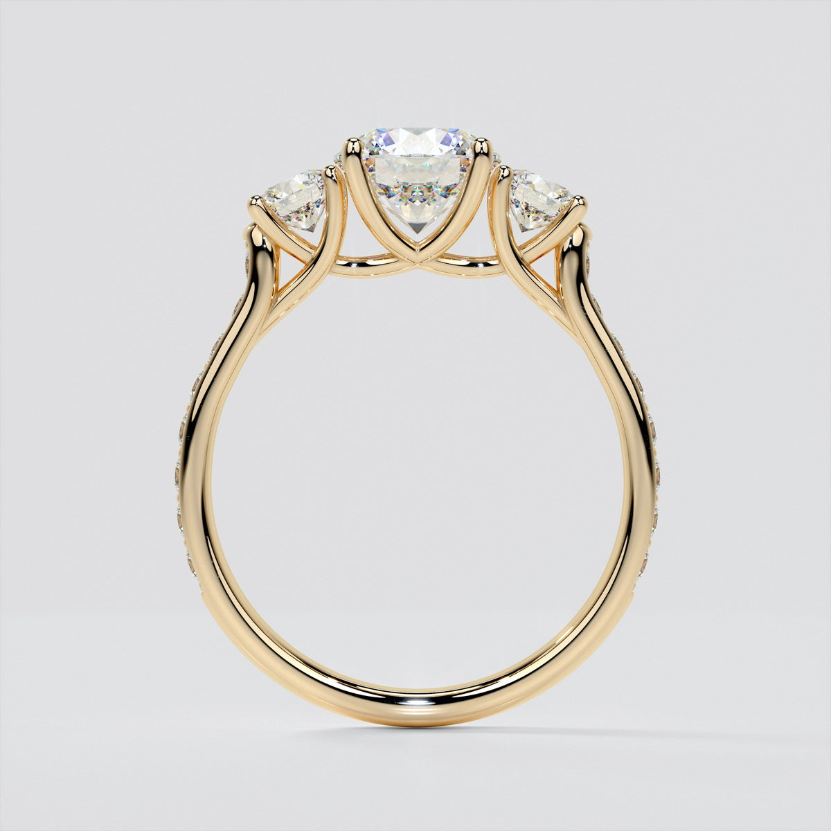 Round Cut Three Stone Trellis Engagement Ring