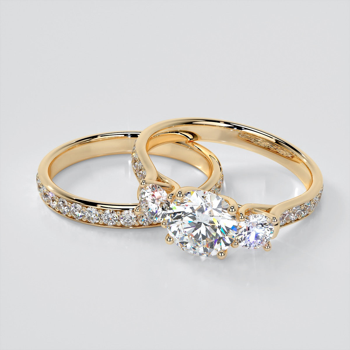 Round Cut Three Stone Trellis Wedding Set