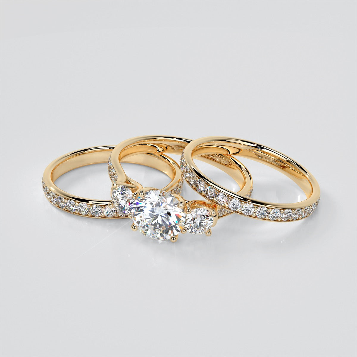 Round Cut Three Stone Trellis Wedding Set With 2 Matching Bands