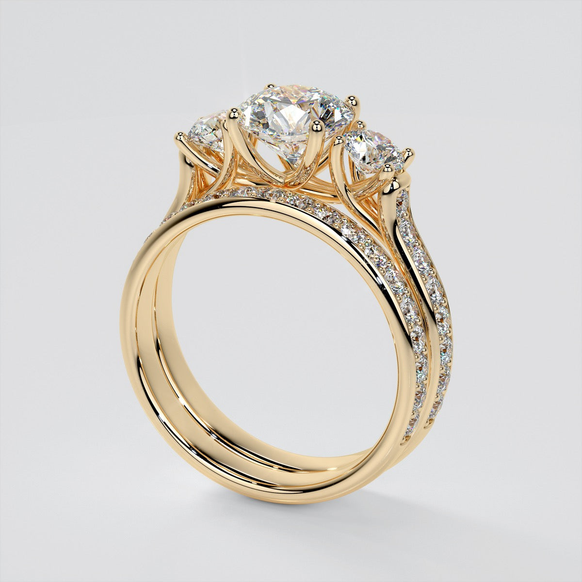 Round Cut Three Stone Trellis Wedding Set With 2 Matching Bands