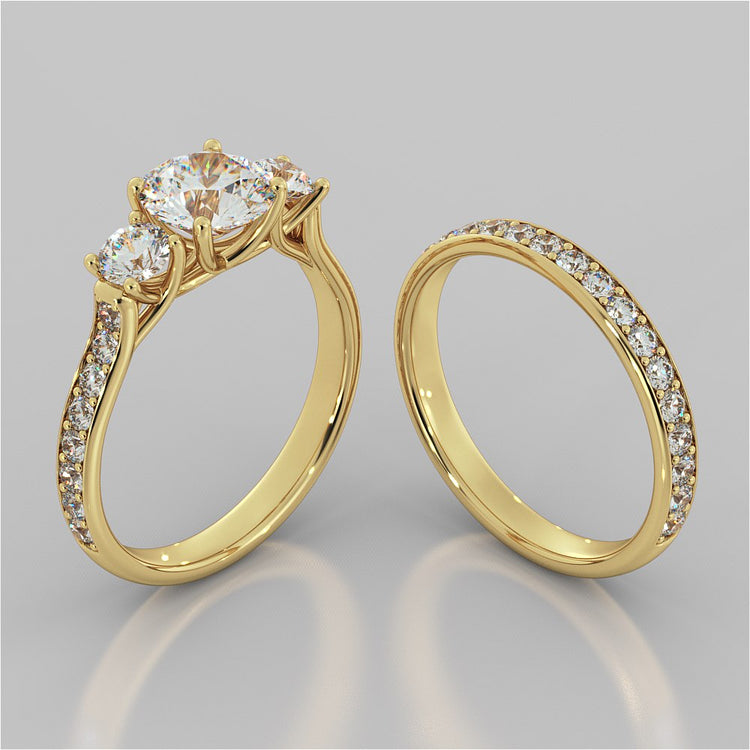 Round Cut Three Stone Trellis Wedding Set With 2 Matching Bands