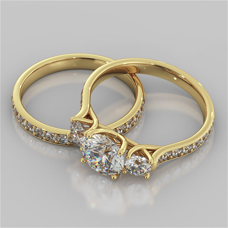 Round Cut Three Stone Trellis Wedding Set With 2 Matching Bands