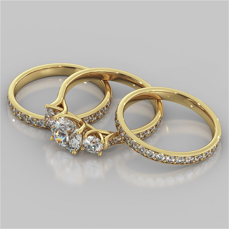 Round Cut Three Stone Trellis Wedding Set With 2 Matching Bands