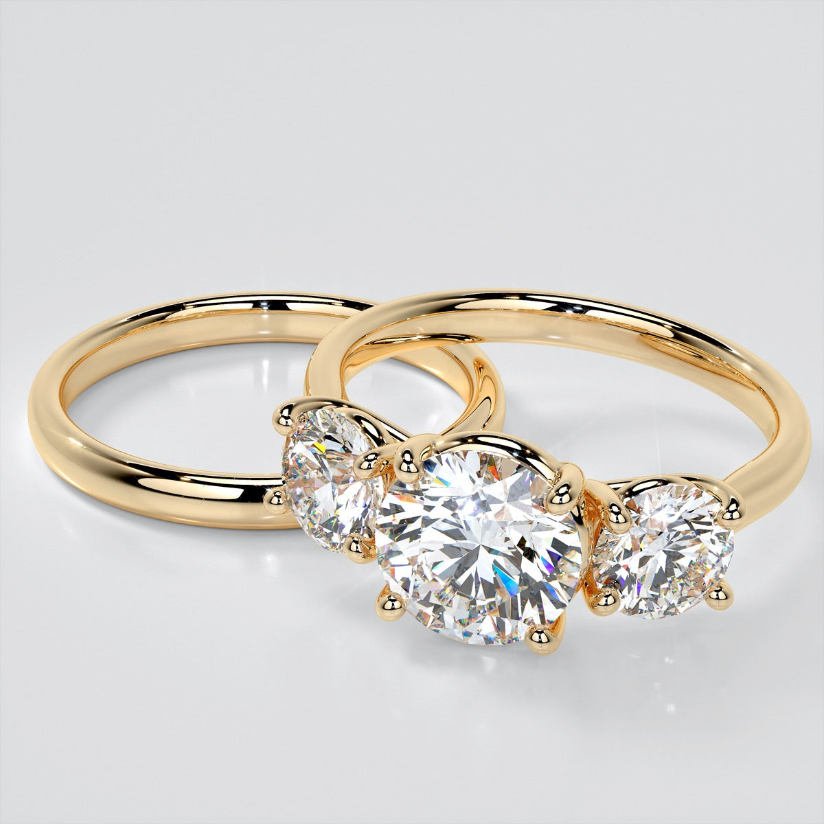 Round Cut Three-Stone Wedding Set With 2 Matching Bands
