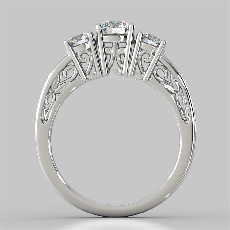 Lab Grown Diamond Round Cut Three-Stone Filigree Engagement Ring