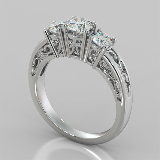 Round Cut Three-Stone Filigree Engagement Ring