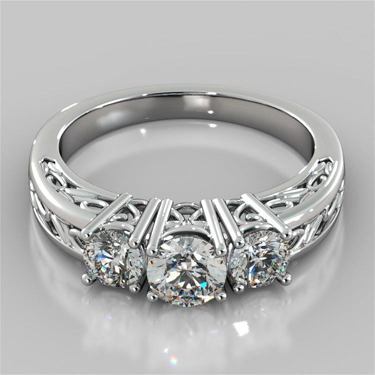 Lab Grown Diamond Round Cut Three-Stone Filigree Engagement Ring