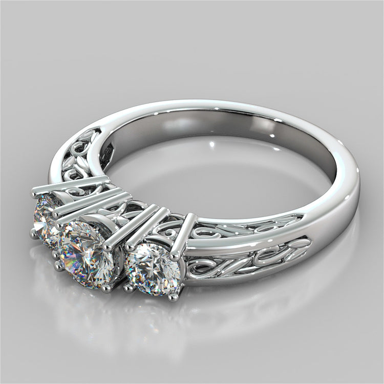 Lab Grown Diamond Round Cut Three-Stone Filigree Engagement Ring