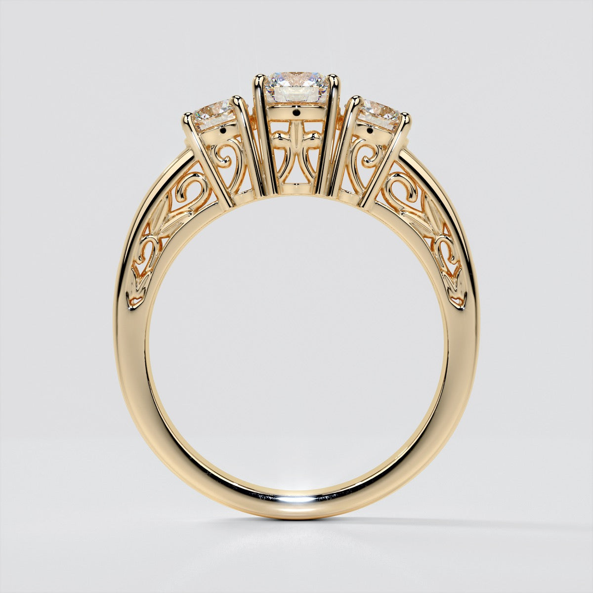 Round Cut Three-Stone Filigree Engagement Ring