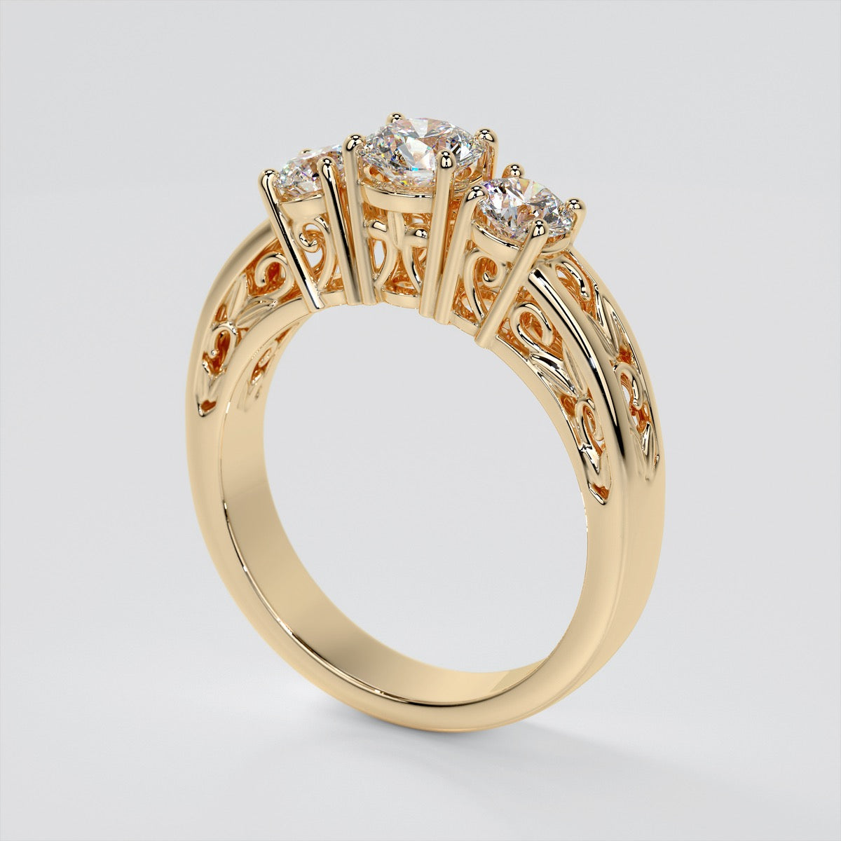 Round Cut Three-Stone Filigree Engagement Ring