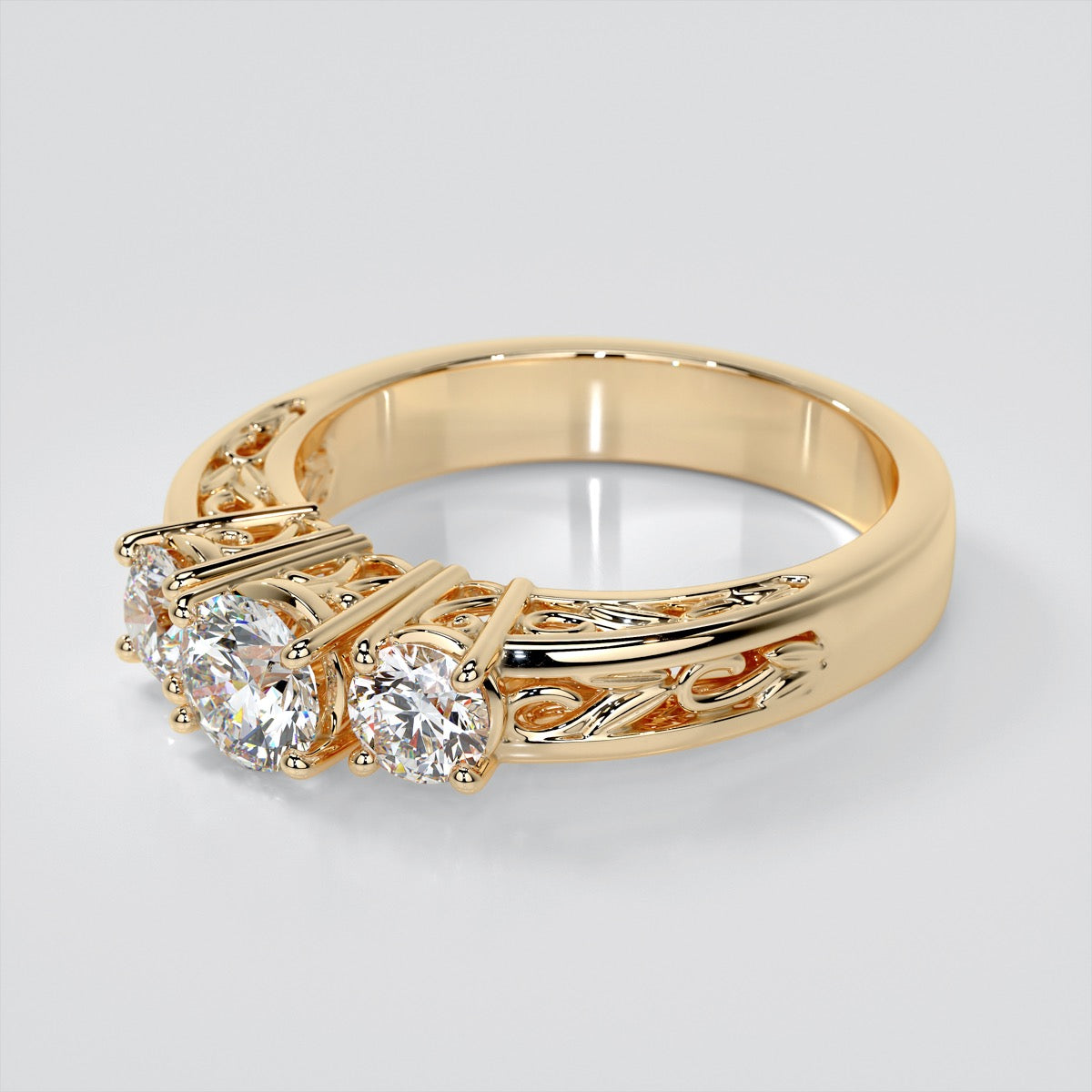 Round Cut Three-Stone Filigree Engagement Ring