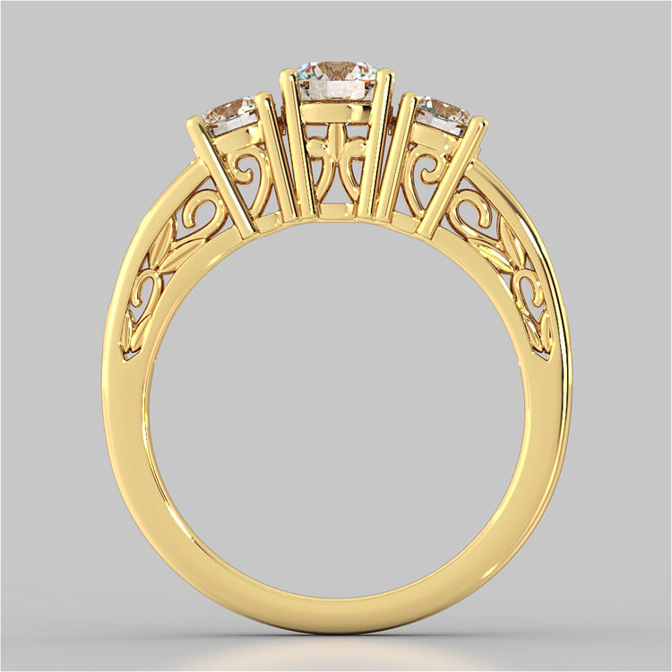 Round Cut Three-Stone Filigree Engagement Ring