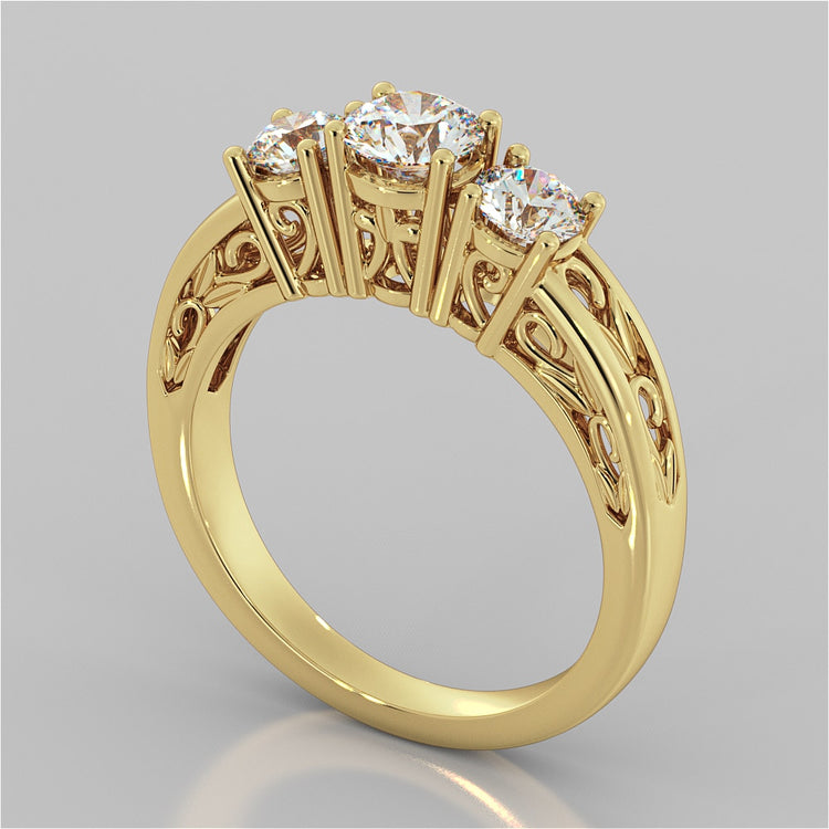 Round Cut Three-Stone Filigree Engagement Ring