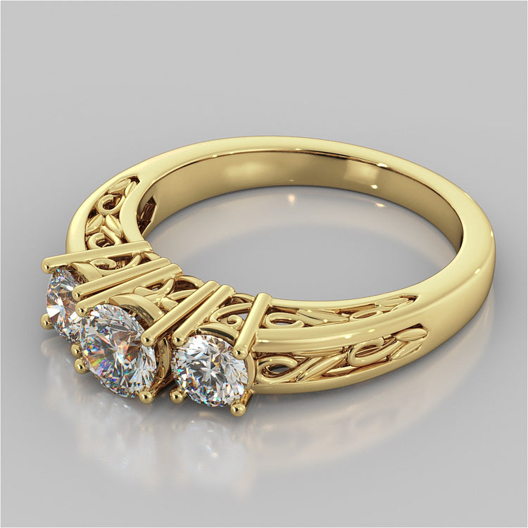 Lab Grown Diamond Round Cut Three-Stone Filigree Engagement Ring