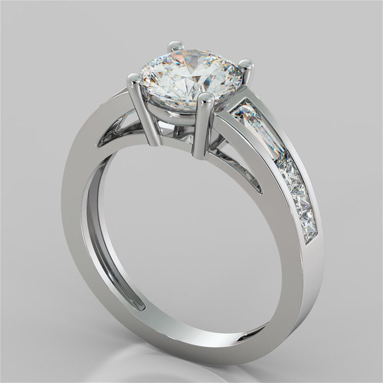 Lab Grown Diamond Round Cut Cathedral Engagement Ring with Baguette Accents