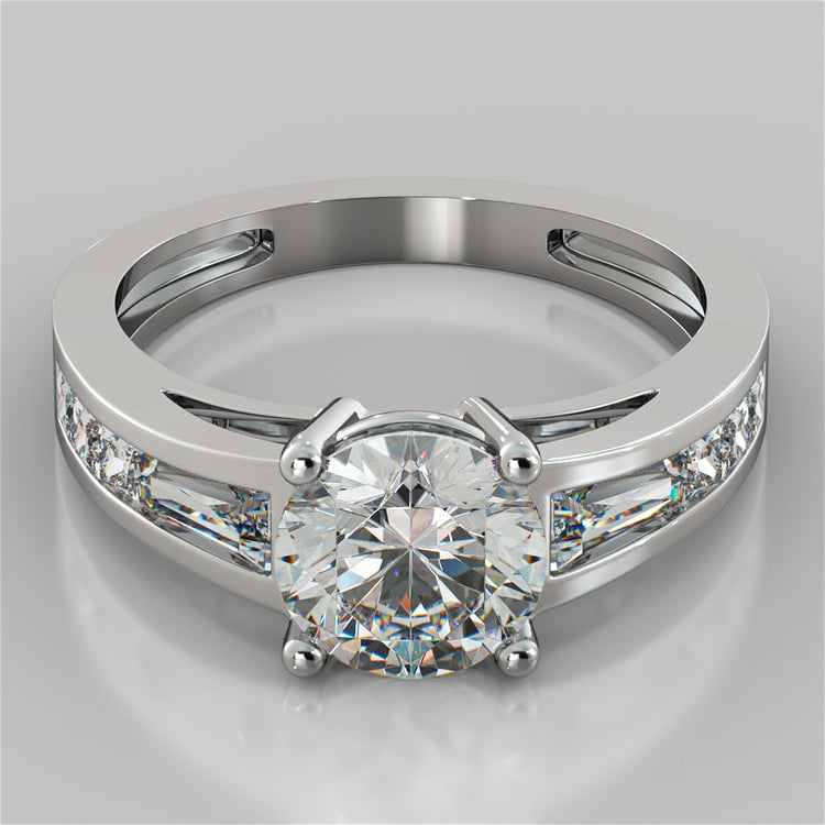 Lab Grown Diamond Round Cut Cathedral Engagement Ring with Baguette Accents