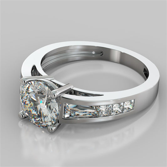 Lab Grown Diamond Round Cut Cathedral Engagement Ring with Baguette Accents